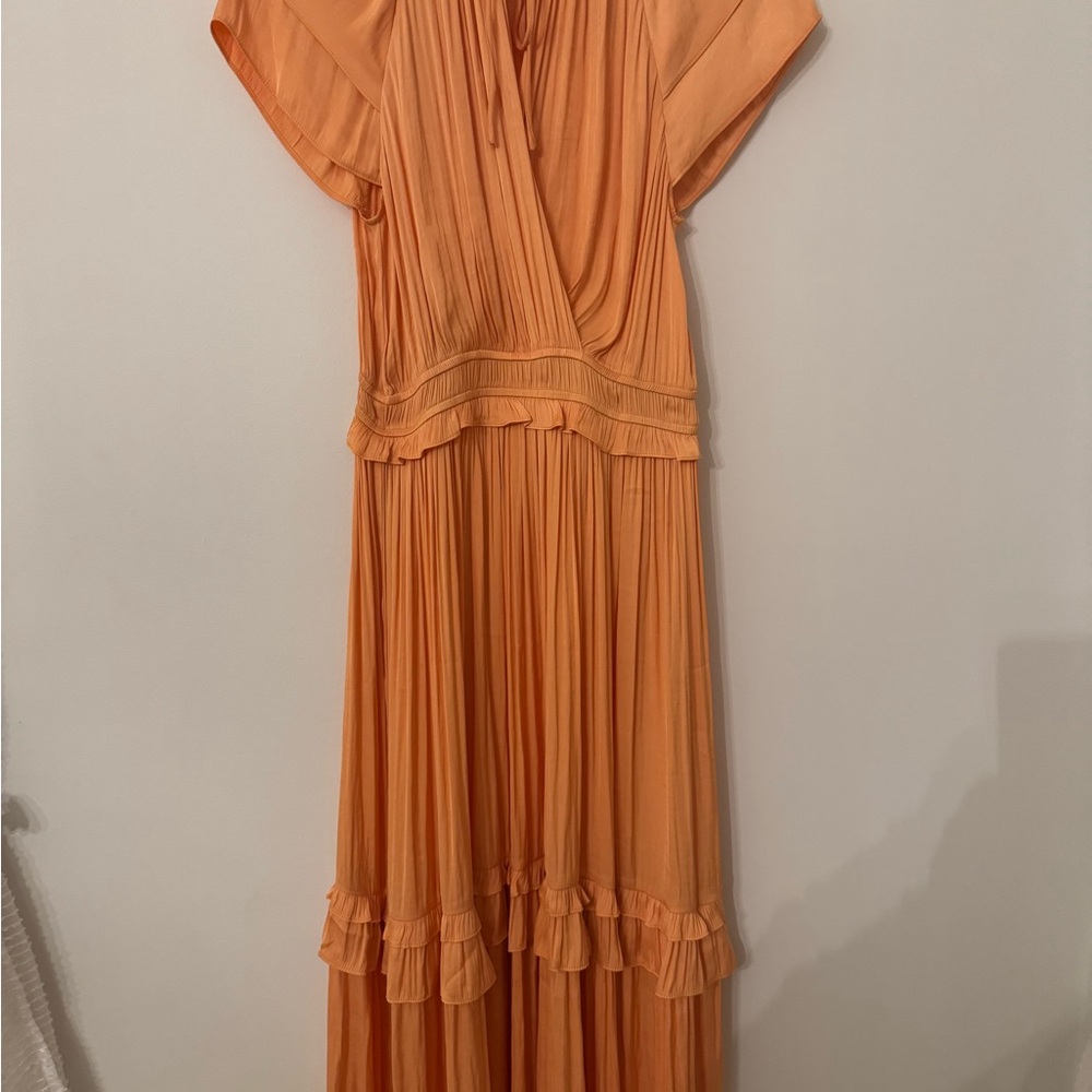 Current Air Orange Maxi Dress with Plunge Neckline and Flutter Sleeves